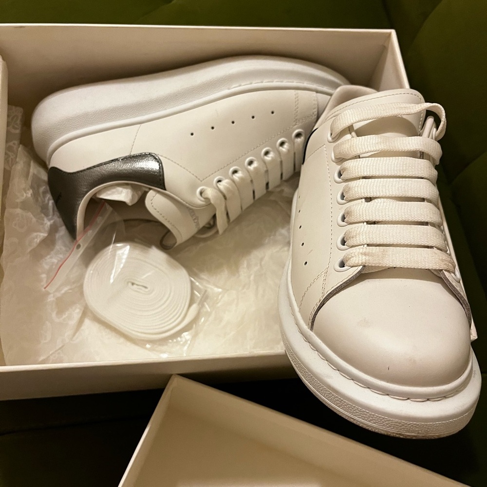 Alexander McQueen White Leather Sneakers with Metallic Heel Accent